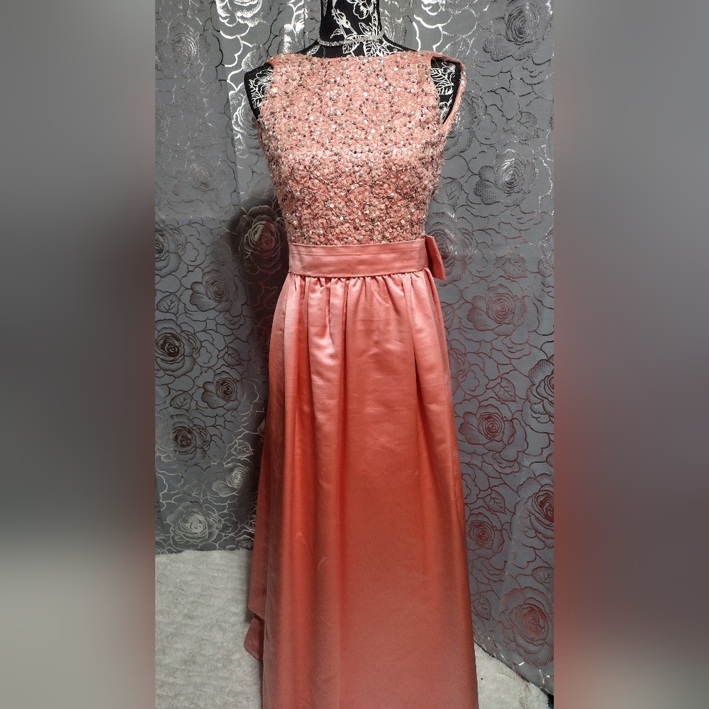 Peach Silk Shantung Open Back Bow Wedding Guest Dress XS